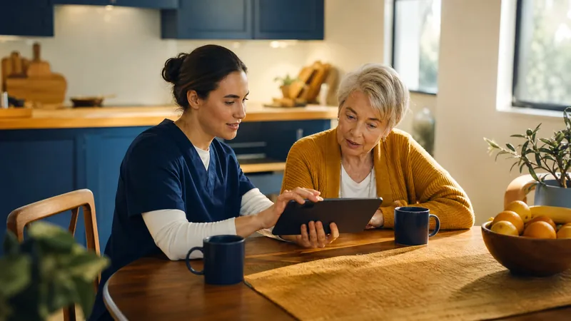 Caregiver and client at a kitchen table in a bright home, How to Start a Home Care Agency in Minnesota