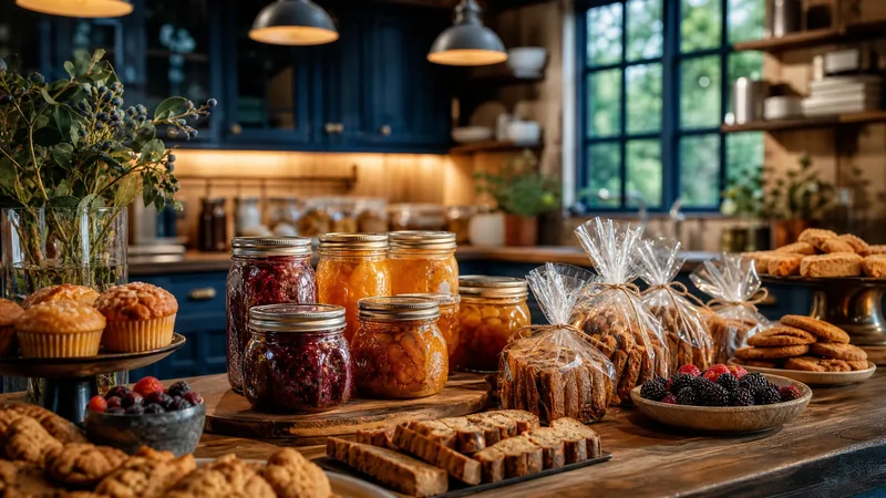 Home kitchen counter with jars and baked goods ready for market, Minnesota Cottage Food Law