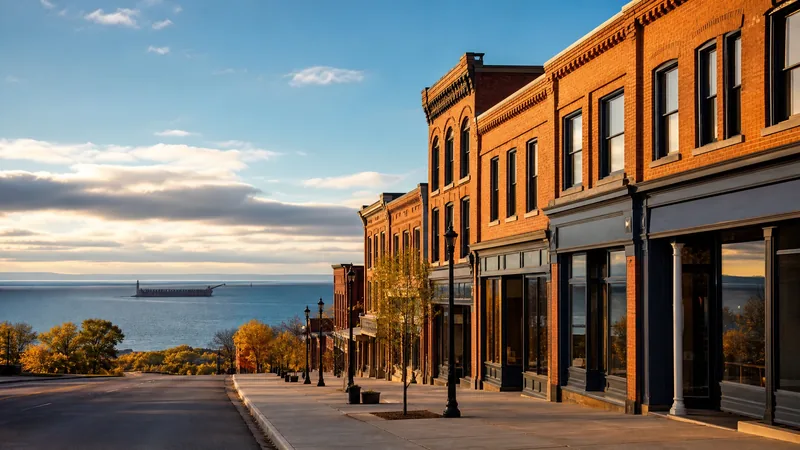 Lake-port hillside commercial street of brick storefronts stepping down toward a large cold lake and an ore-dock silhouette, Duluth Business License Guide
