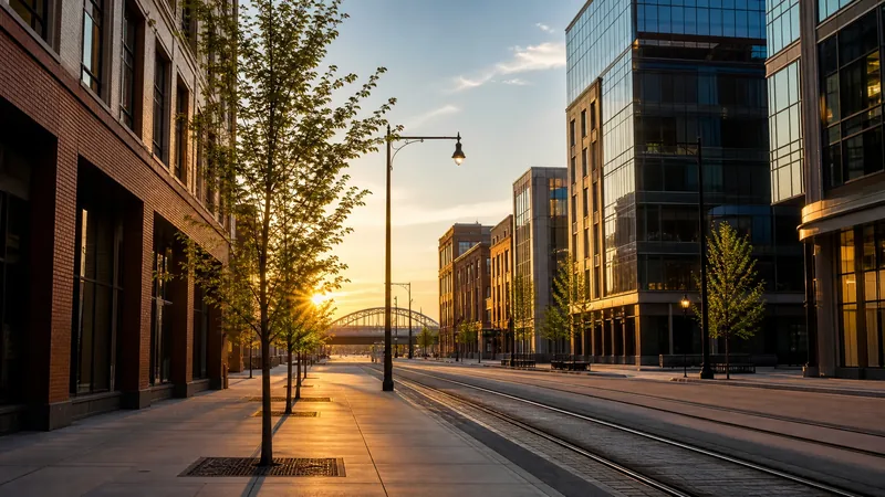 Midwestern big-city commercial street of brick and glass mid-rise buildings with a light-rail line and young street trees, Minneapolis Business License Guide