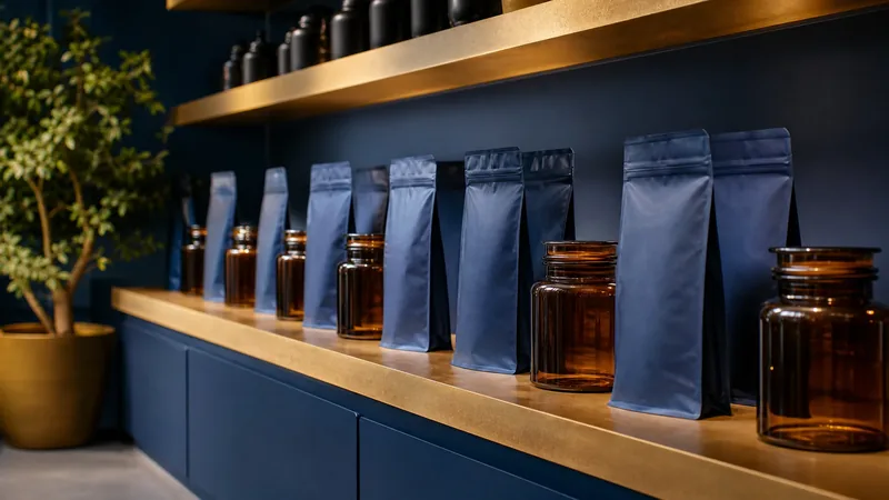 Minimal retail shelf of jars and pouches, Minnesota Local Cannabis Rules