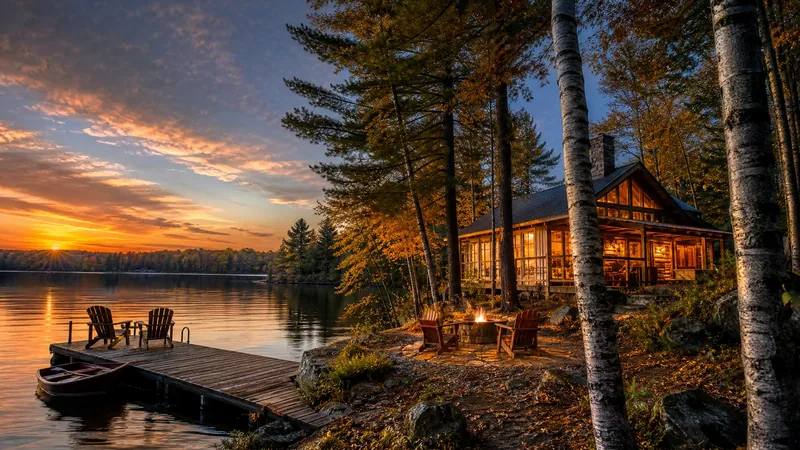 Lakeside cabin with a dock and Adirondack chairs among birch and pine, How to Start a Resort in Minnesota